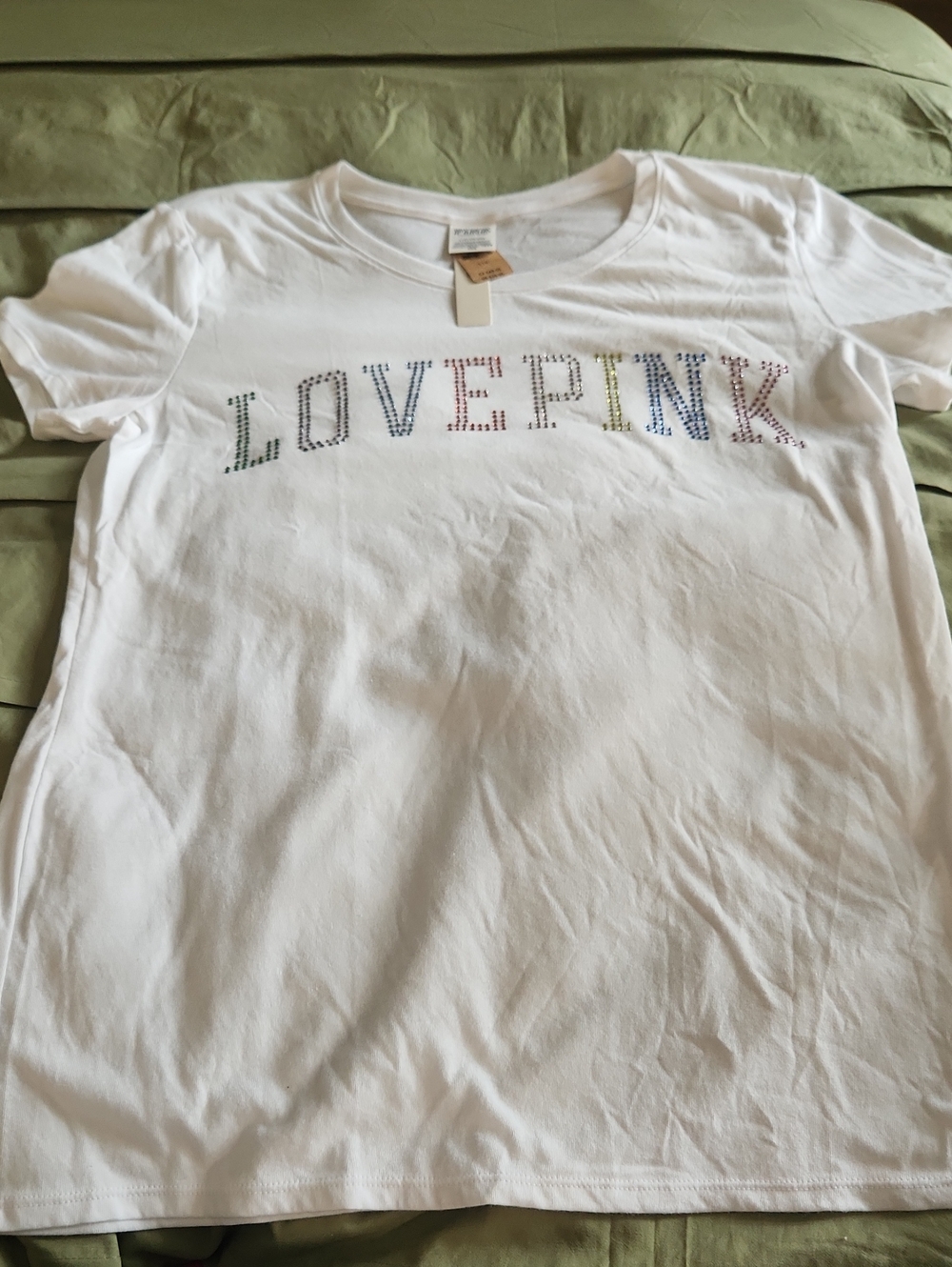 PINK Victoria's Secret White 'LOVE PINK' Rhinestone Logo Tee Size Large